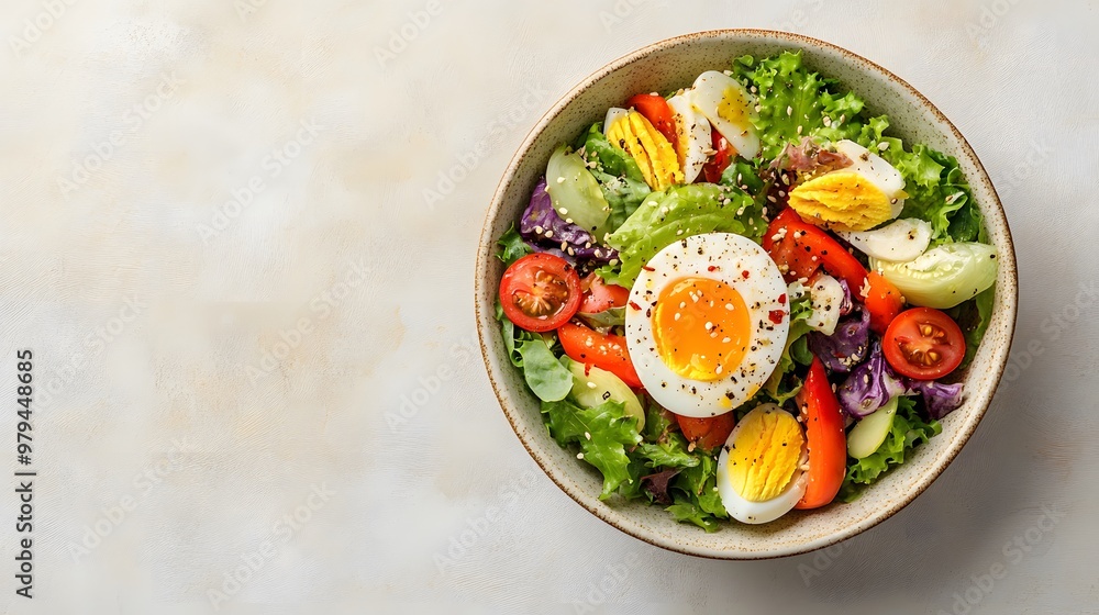 A vibrant salad bowl filled with fresh vegetables and a boiled egg against a light beige background, showcasing colorful ingredients and promoting healthy eating through food photography. A vibrant salad bowl filled with fresh vegetables and a boiled egg against a light beige background, showcasing colorful ingredients and promoting healthy eating through food photography.