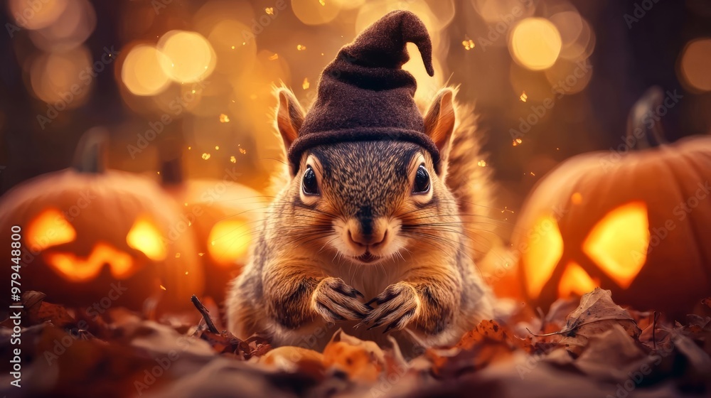 Squirrel wearing a tiny wizard hat in a forest full of carved pumpkins, wizard squirrel, magical forest scene Squirrel wearing a tiny wizard hat in a forest full of carved pumpkins, wizard squirrel, magical forest scene