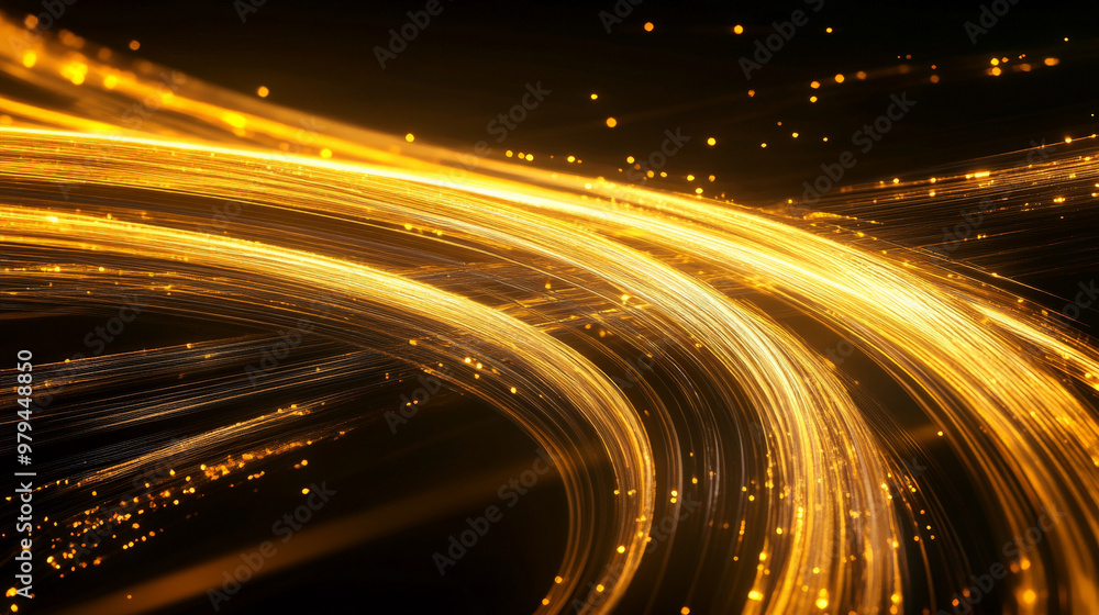 Glowing golden light trails cutting through a dark background, forming dynamic lines and abstract patterns.