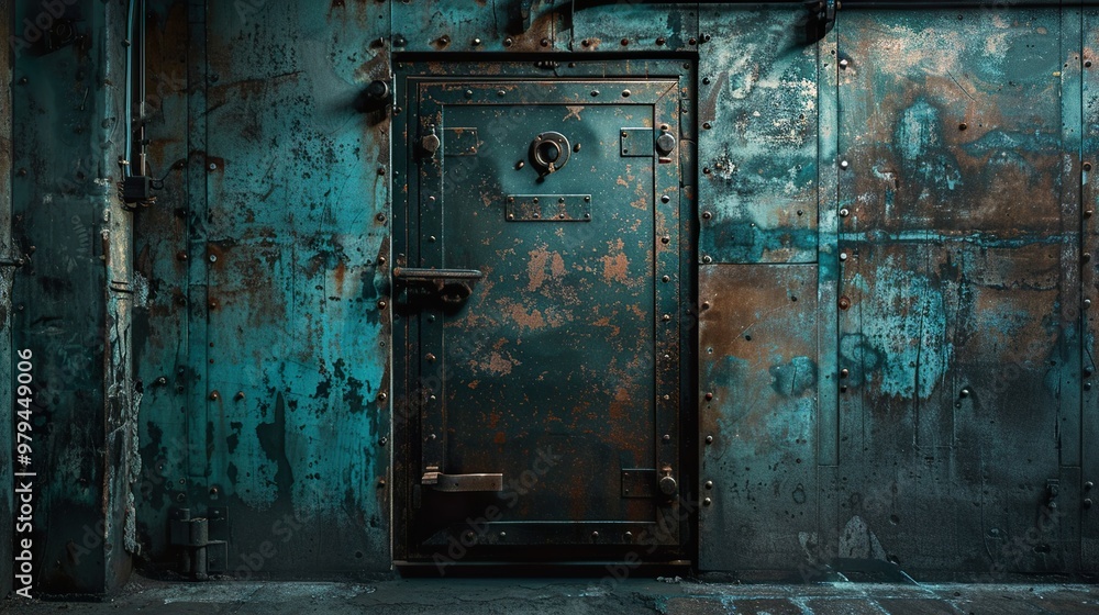 Rusted metal door in an abandoned building with peeling paint. Rusted metal door in an abandoned building with peeling paint.