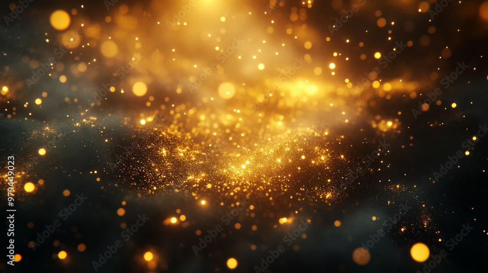 Fototapeta premium Glowing golden particles floating in a dark void, with soft light flares and a warm, mysterious atmosphere.
