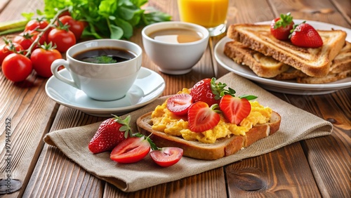 Freshly brewed coffee and crispy bacon sit alongside scrambled eggs, toast, and juicy strawberries on a sunny morning kitchen table setting.