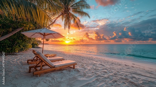 Fototapeta Naklejka Na Ścianę i Meble -  Tropical beach scene with palm trees and sunset over ocean