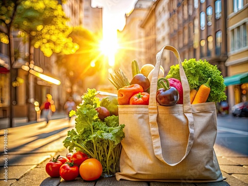 Vibrant morning light captures eclectic mix vibrant produce bag fresh from farm in reusable tote amidst city street urban jungle bustling modern lifestyle photo