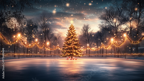 christmas tree with garlands in the center of outdoor city rink