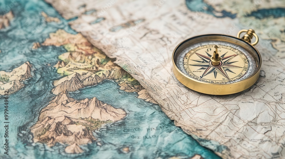 Compass on a crinkled map with hand-drawn coastlines, evoking ancient voyages Compass on a crinkled map with hand-drawn coastlines, evoking ancient voyages
