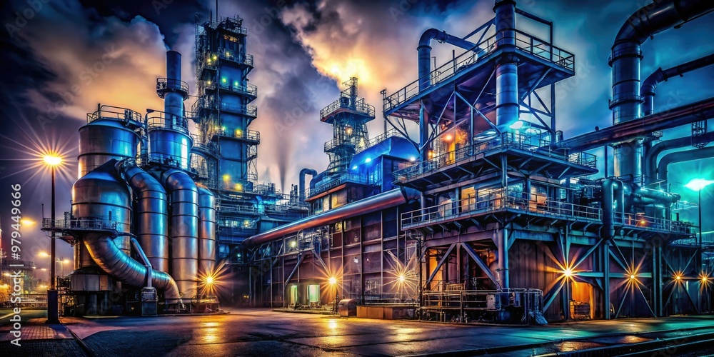 ominous night scene with glowing LED lights illuminating maze of machinery ominous night scene with glowing LED lights illuminating maze of machinery
