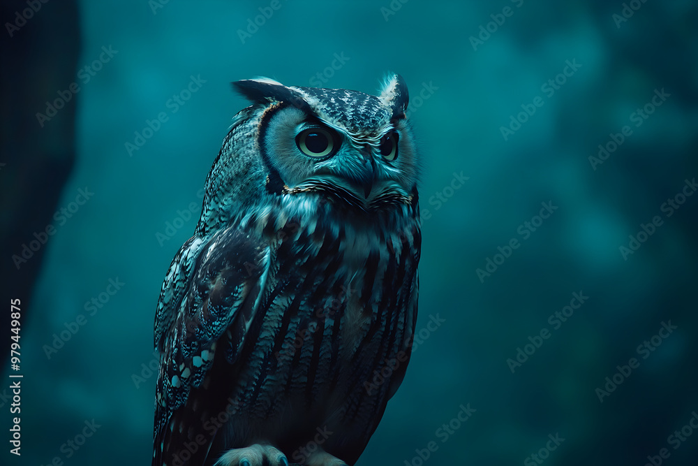 Owl perched against a teal twilight
