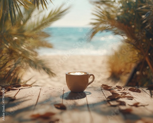 Serene Beach Morning, gentle waves lapping at the shore, warm sunlight spilling over, a steaming coffee cup resting on weathered wood.