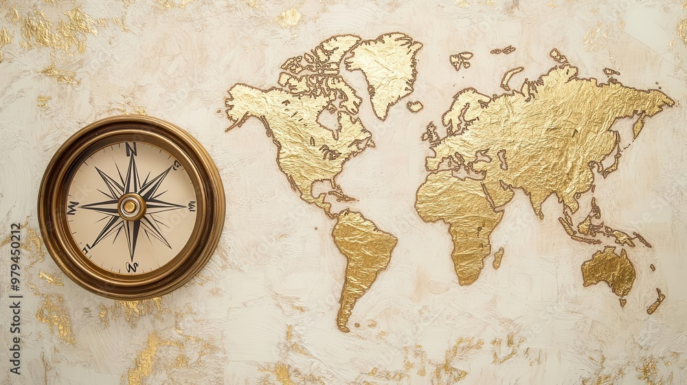 Obraz premium Compass on a sepia-toned world map, with delicate touches of gold leaf around the edges