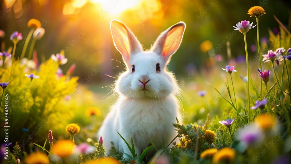 Adorable white rabbit with bright brown eyes and fluffy whiskers hops on a sunny meadow, surrounded by fresh green grass and colorful wildflowers. Adorable white rabbit with bright brown eyes and fluffy whiskers hops on a sunny meadow, surrounded by fresh green grass and colorful wildflowers.