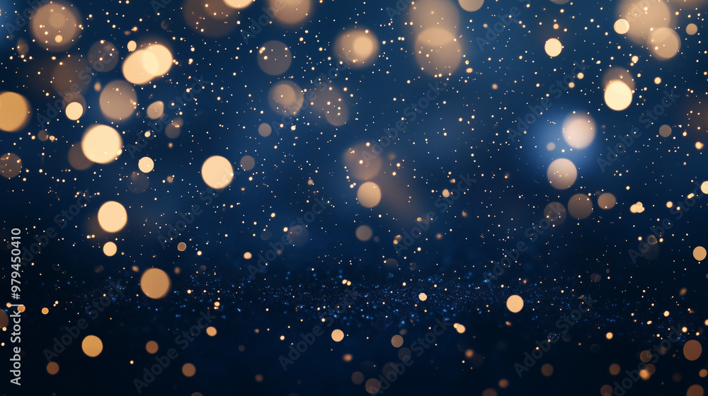 Fototapeta premium Night Sky Sparkle: A mesmerizing abstract background featuring a captivating blend of gold bokeh lights and shimmering dust particles against a deep blue night sky.