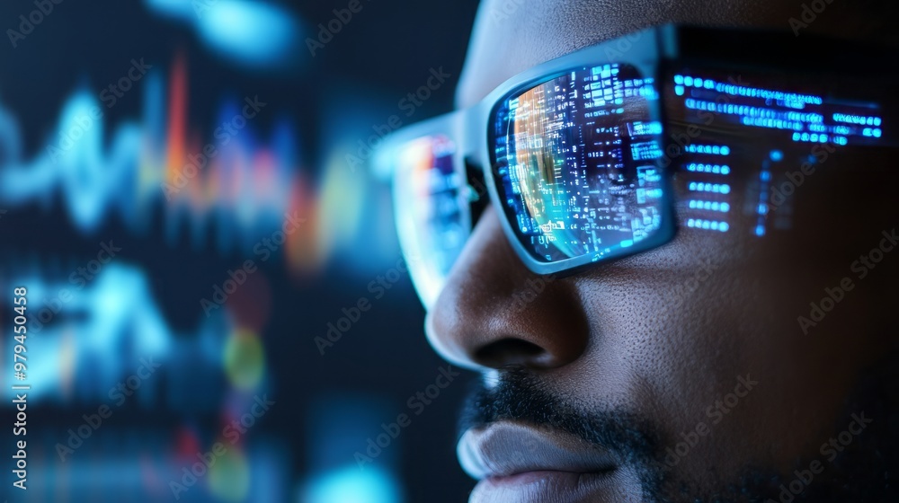 An innovative man wearing smart glasses, showcasing futuristic technology and data visualization in a digital environment. An innovative man wearing smart glasses, showcasing futuristic technology and data visualization in a digital environment.