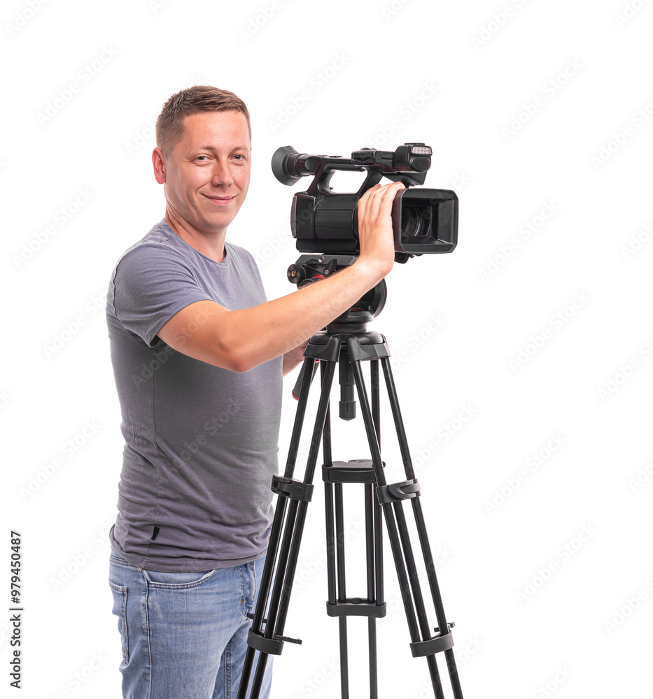 Male videographer with video camera isolated on white background.