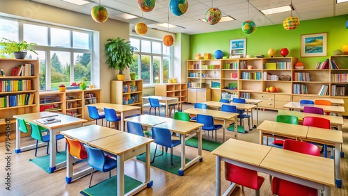 A colorful classroom filled with rows of neatly arranged desks, chairs, and shelves stocked with books, globes, and educational materials, inviting learning and discovery. photo