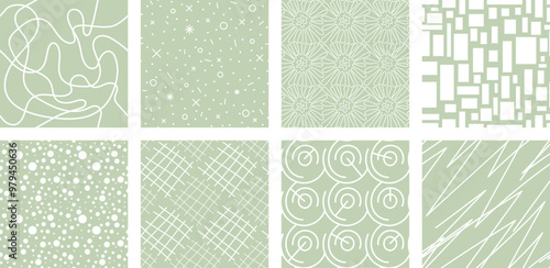 Neutrals color abstract seamless pattern set. Endless geometric linear basic shapes print. Trendy neutral colors aesthetic figures backgrounds. Pastel light green boho style light brown fabric texture