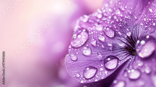 Dew-Kissed Petals: A close-up, macro shot of a delicate purple flower petal adorned with glistening water droplets. The soft, pastel background adds a touch of ethereal beauty.