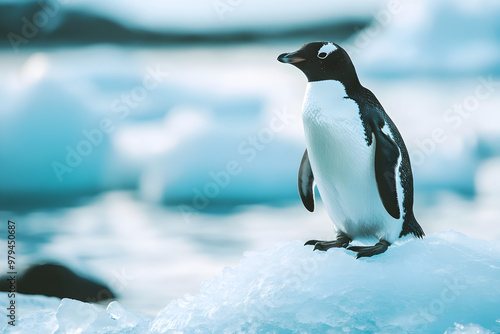 Penguin on ice with a blue-toned sky 