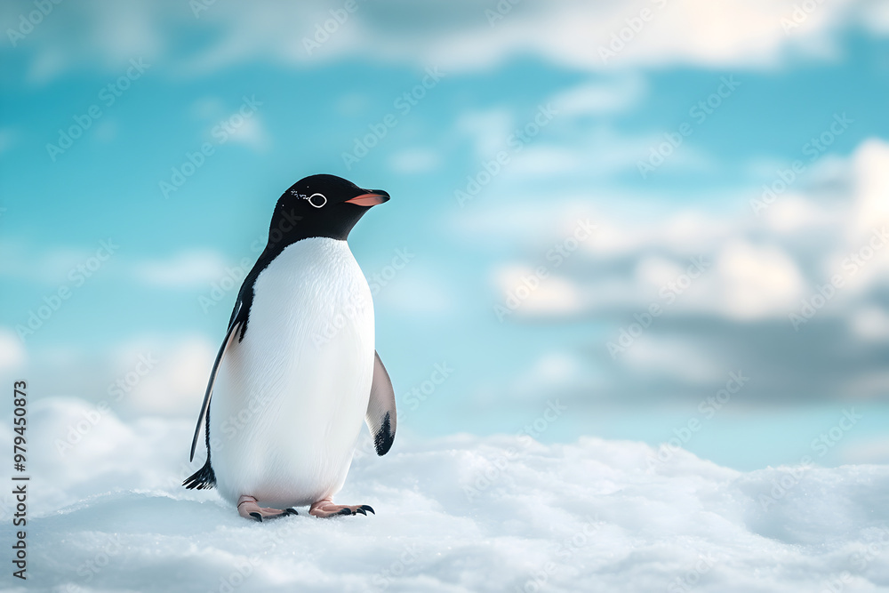 Fototapeta premium Penguin on ice with a blue-toned sky 
