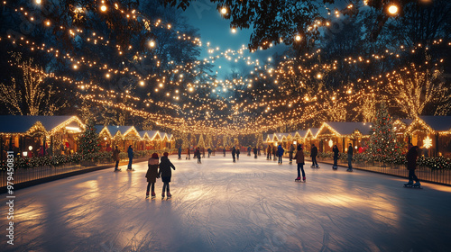 outdoor ice rink in the night with christmas lights 