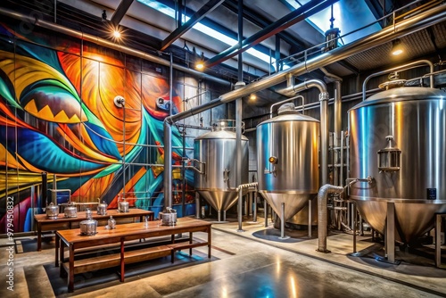 edgy modern brewery interior with urban graffiti-style mural on concrete wall featuring iconic pilsner logo amidst steel tanks and industrial pipes photo