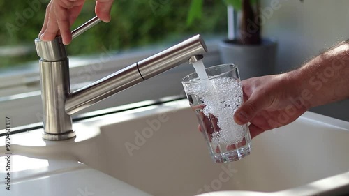 Close up of male hands pouring tap water into a glass in the kitchen