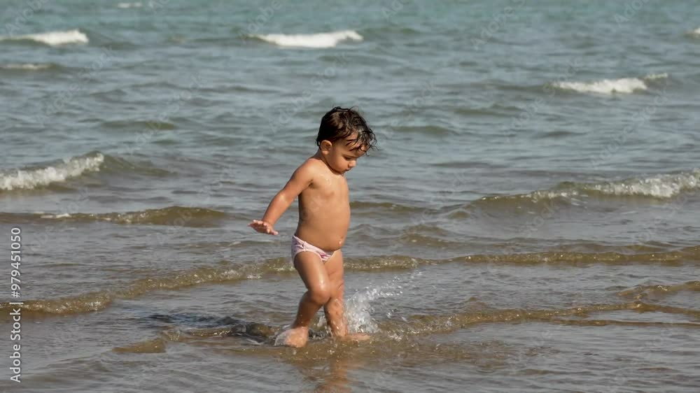 Little baby girl walking on the beach at sunset. Cute toddler enjoying ocean water Little baby girl walking on the beach at sunset. Cute toddler enjoying ocean water