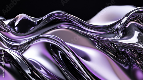 Metallic 3D waves in silver and purple, flowing across a deep black backdrop with reflective surfaces casting intricate light patterns and shadows to create depth and movement.