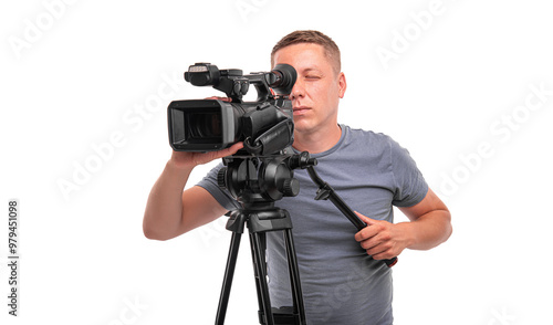 Obraz na płótnie Male videographer with video camera isolated on white background. w salonie
