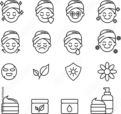 Skin Care facial Line Icons set