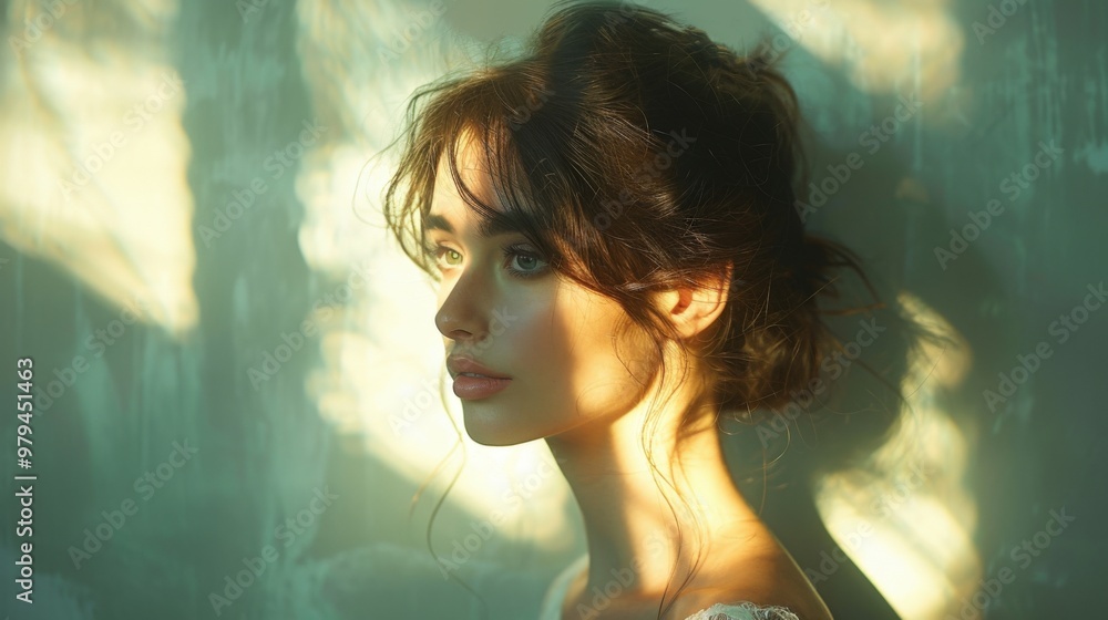 Woman against a greenish wall with sunlight in the window Woman against a greenish wall with sunlight in the window