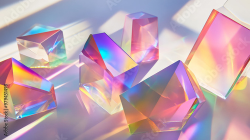 Prism shapes refract light into soft gradients of rainbow colors, casting smooth, colorful shadows across a clean, white background.