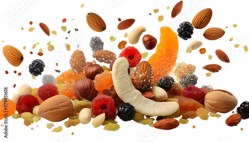 Mix of dry fruits and nuts Splashes on a white isolated background. Generative AI.