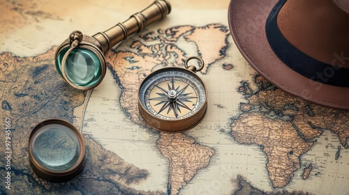 Dusty compass on a world map, with a spyglass and explorer s hat nearby photo