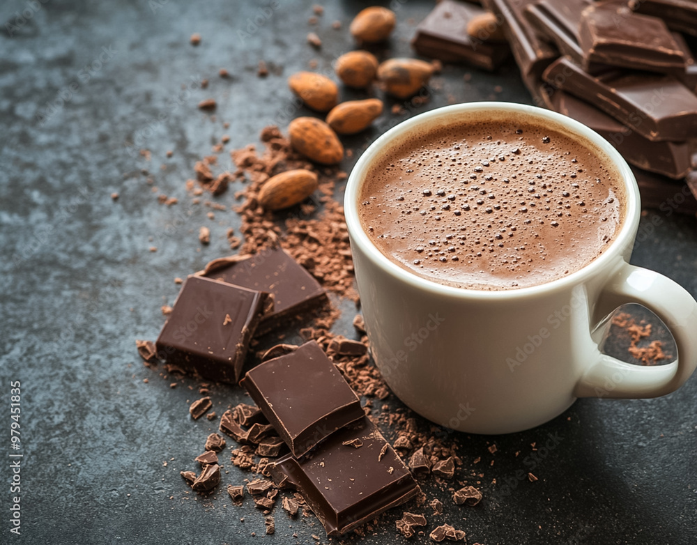 A cup of hot chocolate and chocolate pieces on a dark concrete background. A cup of hot chocolate and chocolate pieces on a dark concrete background.