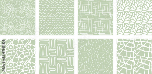 Neutrals color abstract seamless pattern set. Endless graphic linear basic shapes print. Trendy neutral colors aesthetic forms backdrop. Modern pastel light green boho style light brown fabric texture