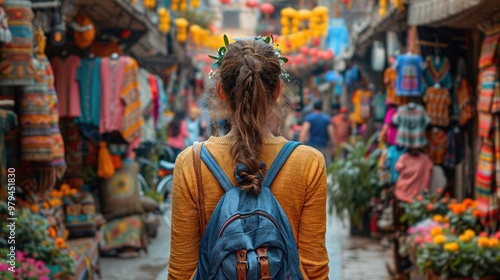 Woman Exploring Colorful Market Street in Asia