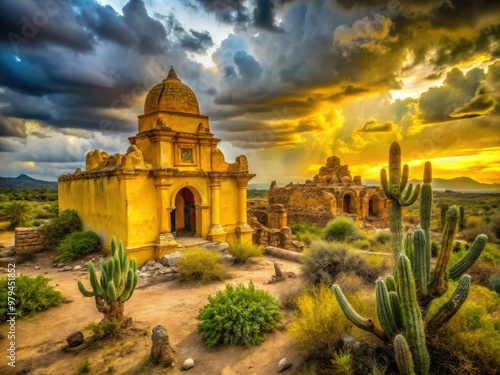 Yellow ochre ancient temple ruins nestled in tranquil desert landscape with crumbling walls overgrown with vines and cacti under a dramatic sky photo