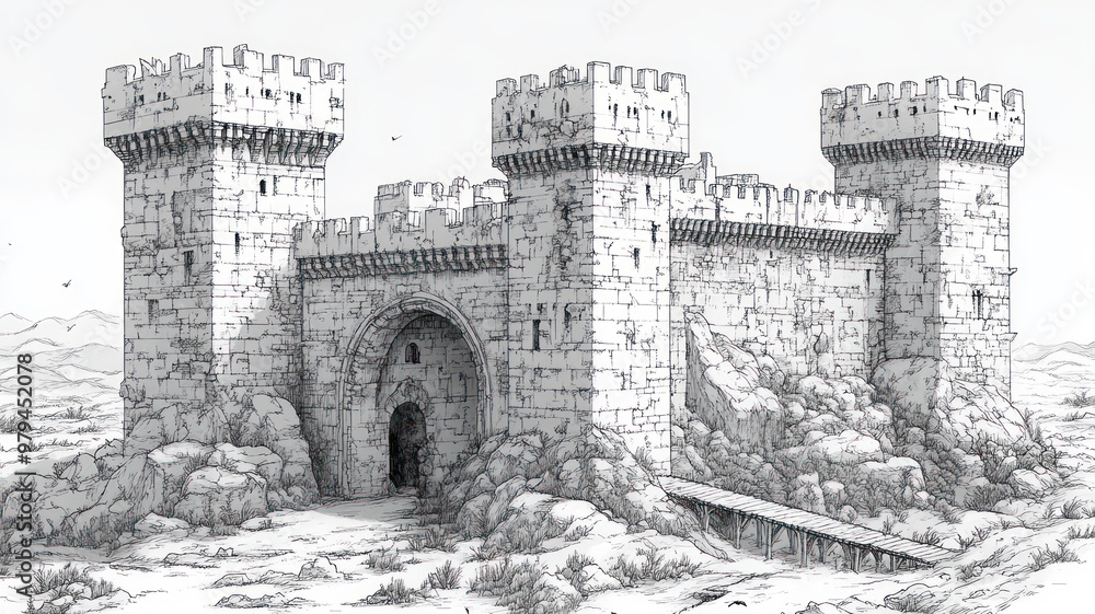 A detailed illustration of a medieval castle with towers and walls.