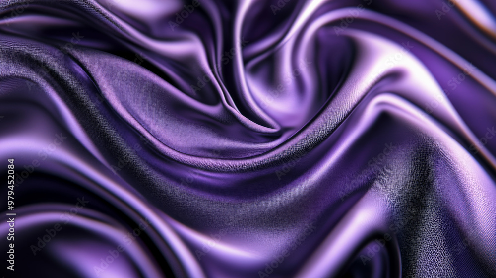 Silky smooth fabric in deep violet and rich silver, folding and swirling in an abstract pattern with soft reflections and glossy highlights.