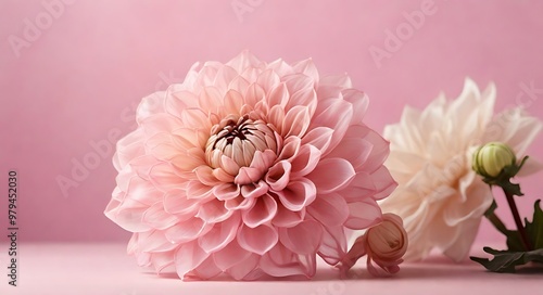 organza flower dahlia on a delicate powdery pink background. copy space