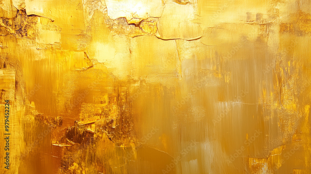 Naklejka premium Golden Abstract Art: A mesmerizing abstract painting with vibrant gold hues and textured brushstrokes, evoking a sense of warmth, luxury, and dynamism. 