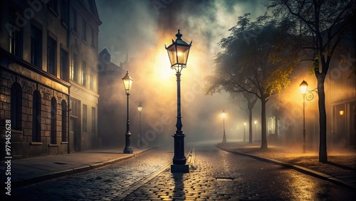 Ominous fog swirls around a lone, dimly lit lamppost on a deserted city street, casting long shadows and evoking an air of eerie, suspenseful mystery. photo