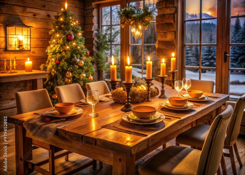 warm cozy wooden dinner table surrounded by soft candlelight warm cozy wooden dinner table surrounded by soft candlelight