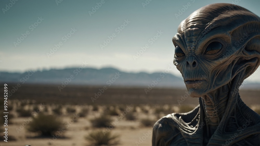 Close encounter with an alien and its futuristic saucer adds a sense of excitement and adventure Close encounter with an alien and its futuristic saucer adds a sense of excitement and adventure