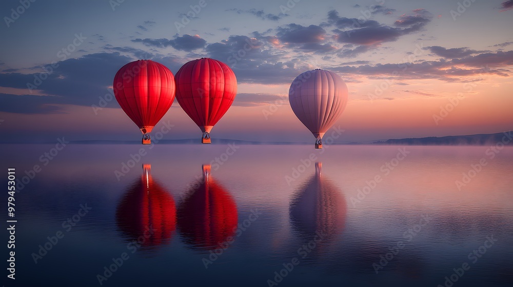 Fototapeta premium Hot Air Balloons Reflecting on a Misty Lake at Sunrise