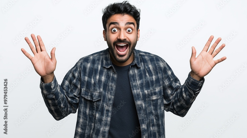 An excited indian man feeling happy and joy with a surprised expression in white background An excited indian man feeling happy and joy with a surprised expression in white background