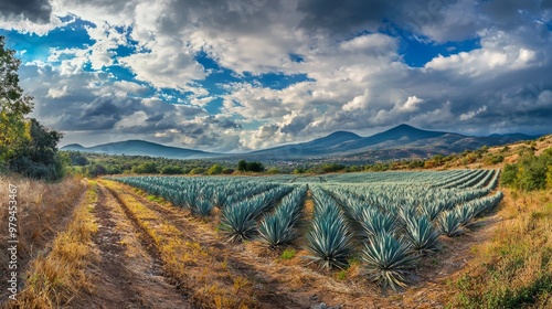 Agave fields view. Vanishing point perspective. Colorful landscape with agave. photo