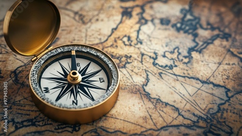 Retro compass lying on an ancient world map, with subtle shadows creating depth