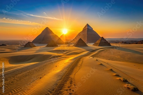 radiant hot gradient sunrise casting long shadows on ancient mystical pyramids in scorching hot desert landscape